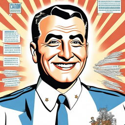 Create a front cover in the style of a 1950s comic book featuring Juan Domingo Perón smiling and depicted as a superhero