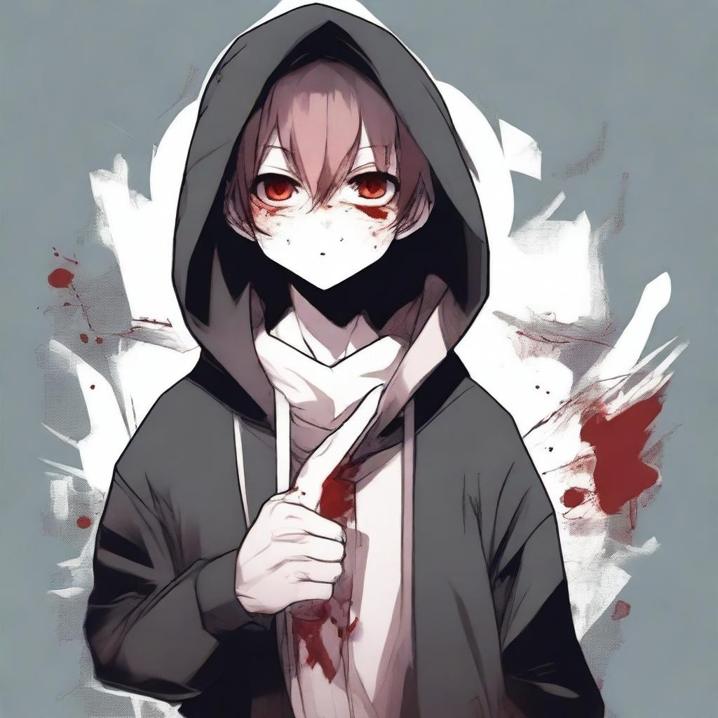 A boy with bunny ears, red eyes, sharp teeth, and a long tongue