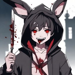 A boy with bunny ears, red eyes, sharp teeth, and a long tongue