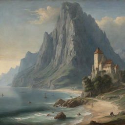 A medieval art style landscape featuring a towering mountain in the background, with the sea gracefully alongside, devoid of any buildings.