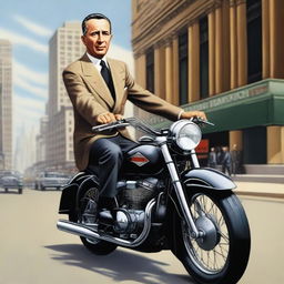 A photorealistic image of Juan Domingo Perón riding a Harley Davidson motorbike