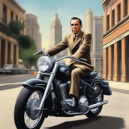 A photorealistic image of Juan Domingo Perón riding a Harley Davidson motorbike