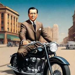 A photorealistic image of Juan Domingo Perón riding a Harley Davidson motorbike