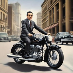 A photorealistic image of Juan Domingo Perón riding a Harley Davidson motorbike