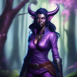 A female Tiefling Ranger with blue-black skin and dark purple hair