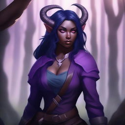 A female Tiefling Ranger with blue-black skin and dark purple hair