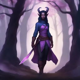 A female Tiefling Ranger with blue-black skin and dark purple hair