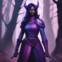 A female Tiefling Ranger with blue-black skin and dark purple hair