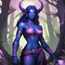 A female Tiefling Ranger with dark blue skin and dark purple hair