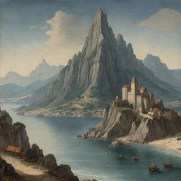 A medieval art style landscape featuring a towering mountain in the background, with the sea gracefully alongside, devoid of any buildings.