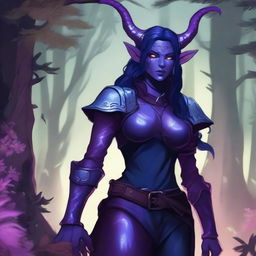 A female Tiefling Ranger with dark blue skin and dark purple hair