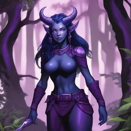 A female Tiefling Ranger with dark blue skin and dark purple hair