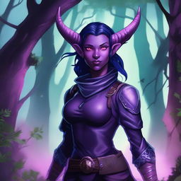 A female Tiefling Ranger with dark blue skin and dark purple hair