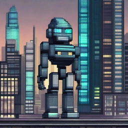 Create an image of an AI robot in pixel art style, featuring a futuristic cityscape in the background