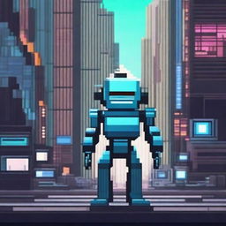 Create an image of an AI robot in pixel art style, featuring a futuristic cityscape in the background