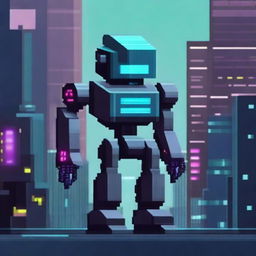 Create an image of an AI robot in pixel art style, featuring a futuristic cityscape in the background