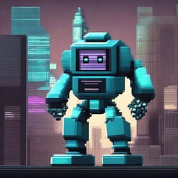 Create an image of an AI robot in pixel art style, featuring a futuristic cityscape in the background