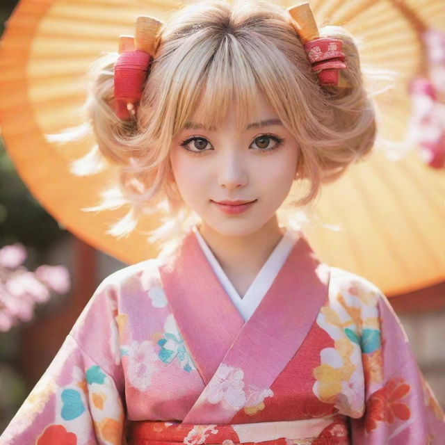 A colourful anime girl with sparkling eyes, sun-lit hair and a lively expression dressed in a traditional Japanese kimono.