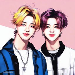 A detailed portrait of Felix and Bangchan from Stray Kids, capturing their youthful energy and charm