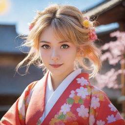 A colourful anime girl with sparkling eyes, sun-lit hair and a lively expression dressed in a traditional Japanese kimono.