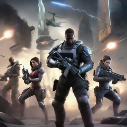 Foreground featuring futuristic soldiers in advanced combat gear