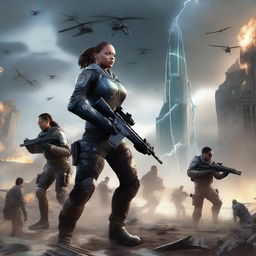 Foreground featuring futuristic soldiers in advanced combat gear