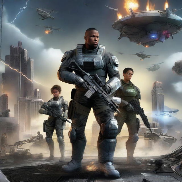 Foreground featuring futuristic soldiers in advanced combat gear