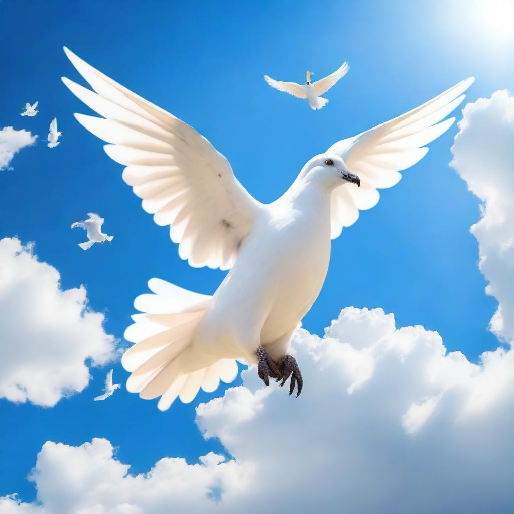 A surreal image of a dove with the head of a unicorn, set against a clear blue sky with fluffy white clouds