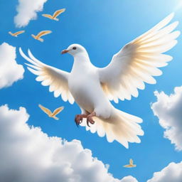 A surreal image of a dove with the head of a unicorn, set against a clear blue sky with fluffy white clouds