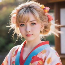 A colourful anime girl with sparkling eyes, sun-lit hair and a lively expression dressed in a traditional Japanese kimono.