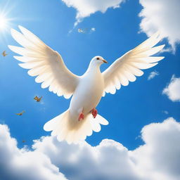A surreal image of a dove whose head is of a unicorn, set against a clear blue sky with fluffy white clouds