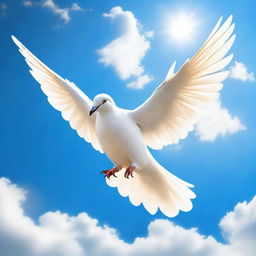 A surreal image of a dove whose head is of a unicorn, set against a clear blue sky with fluffy white clouds