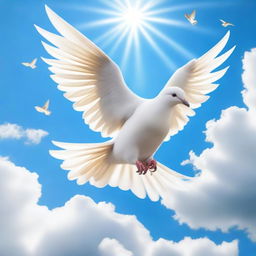 A surreal image of a dove whose head is of a unicorn, set against a clear blue sky with fluffy white clouds