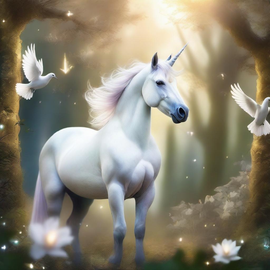 A fantastical image of a unicorn that has the body of a dove, set against a magical forest background