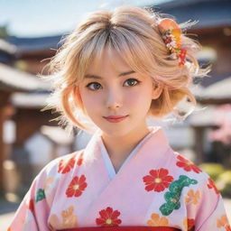 A colourful anime girl with sparkling eyes, sun-lit hair and a lively expression dressed in a traditional Japanese kimono.