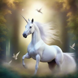 A fantastical image of a unicorn that has the body of a dove, set against a magical forest background