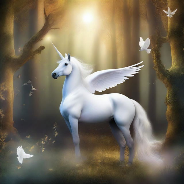 A fantastical image of a unicorn that has the body of a dove, set against a magical forest background