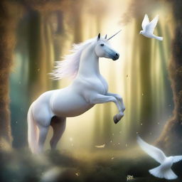 A fantastical image of a unicorn that has the body of a dove, set against a magical forest background