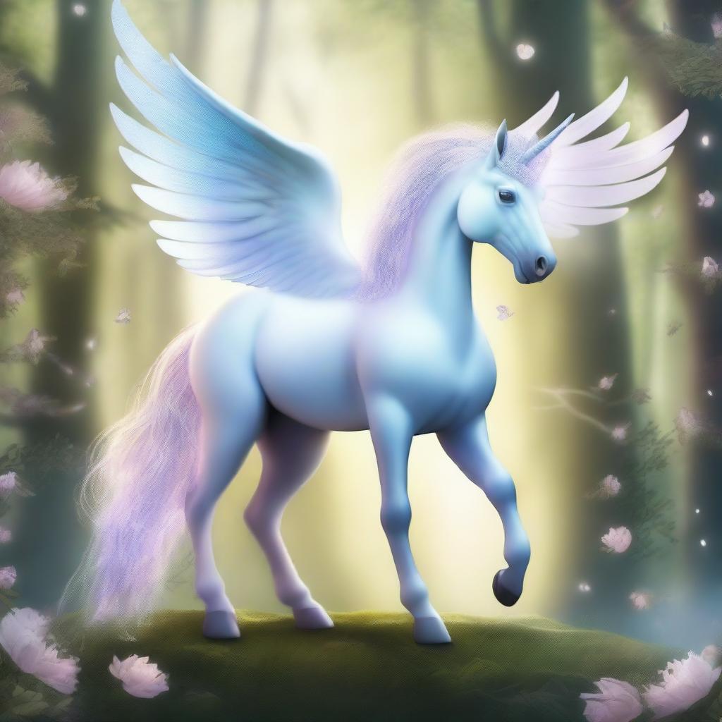 A fantastical creature that is a hybrid between a unicorn and a dove