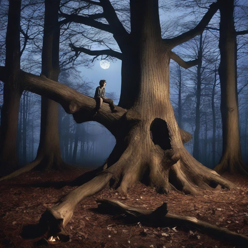 A spooky nighttime scene in the woods under a full moon