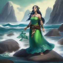 A female druid sea elf were-tortle standing on a rocky shore with waves crashing behind her