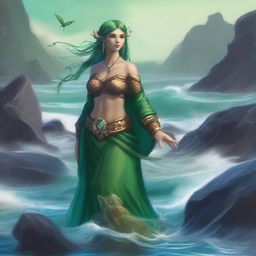 A female druid sea elf were-tortle standing on a rocky shore with waves crashing behind her