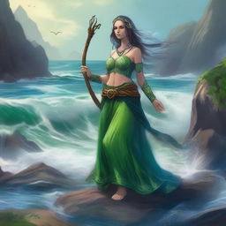 A female druid sea elf were-tortle standing on a rocky shore with waves crashing behind her