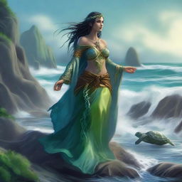 A female druid sea elf were-tortle standing on a rocky shore with waves crashing behind her