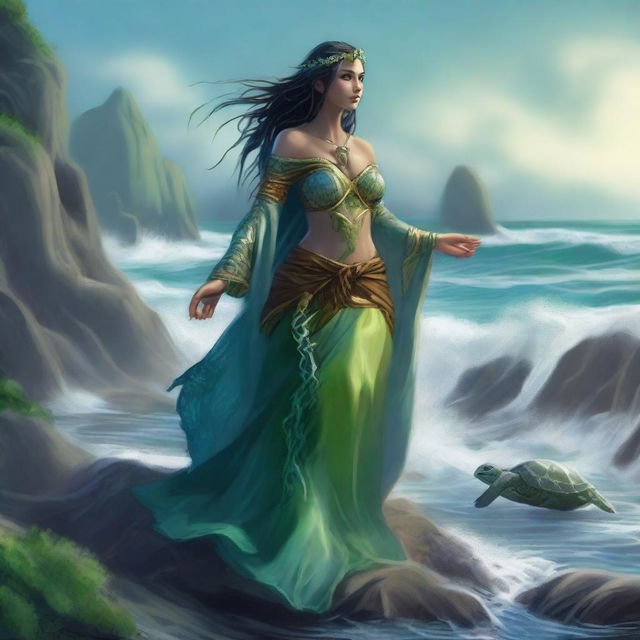 A female druid sea elf were-tortle standing on a rocky shore with waves crashing behind her