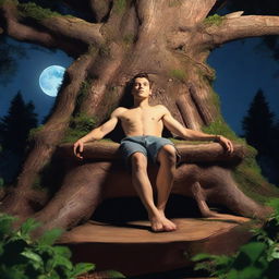 A realistic close-up of an athletic young man lying flat on his back on an altar made from a giant tree stump