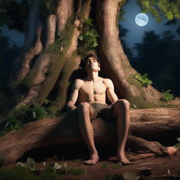 A realistic close-up of an athletic young man lying flat on his back on an altar made from a giant tree stump