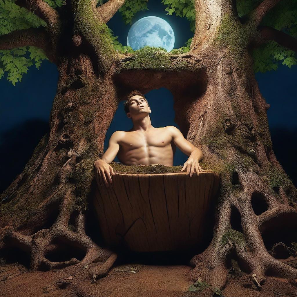 A realistic close-up of an athletic young man lying flat on his back on an altar made from a giant tree stump