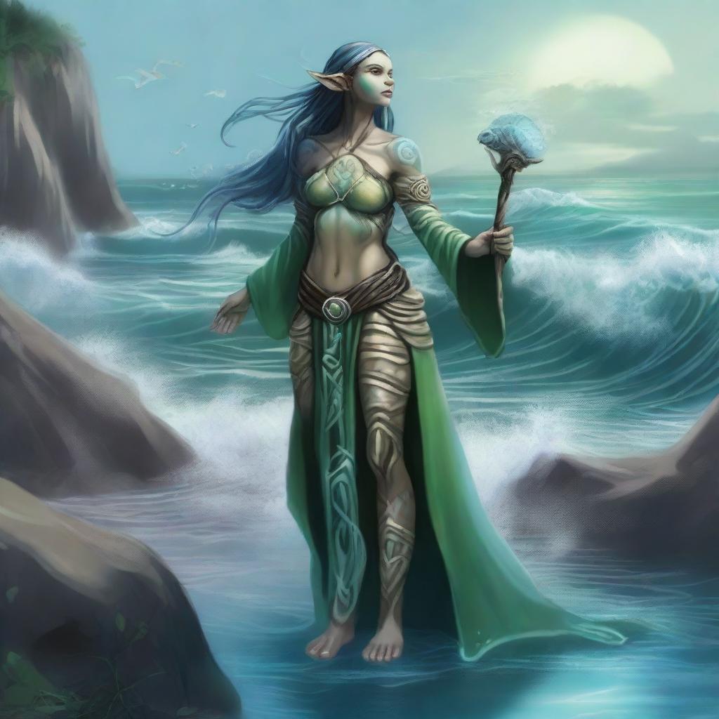 A female druid sea elf were-tortle standing on a rocky shore with waves crashing behind her