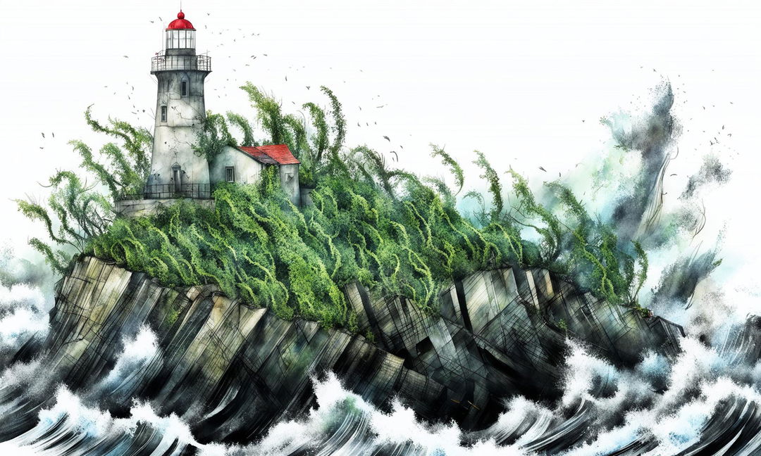 A watercolour storyboard's first act featuring a battered lighthouse atop a blusterous cliff, its walls scarred and entwined with creeping ivy.